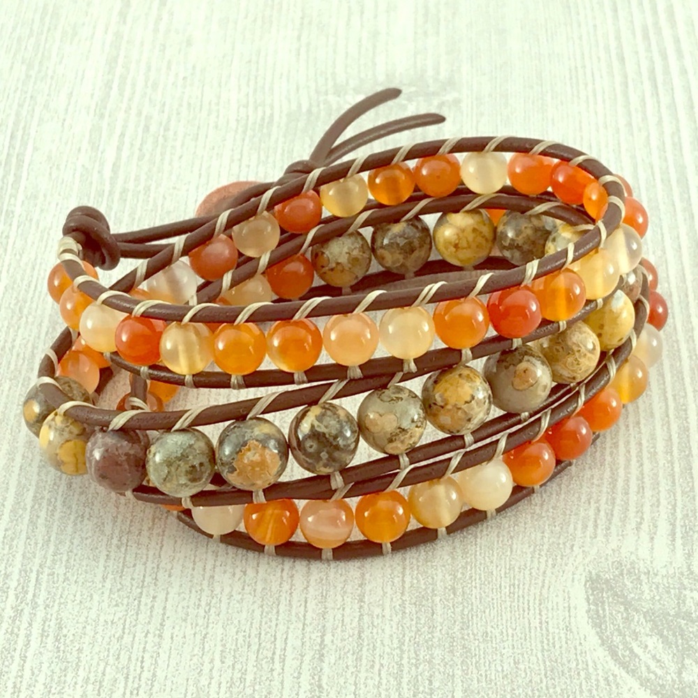 Brown leather genuine stone triple wrap bracelet